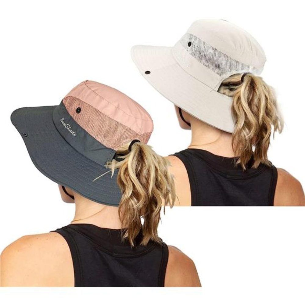 2 Pack Women's Outdoor UV Protection Sun Hats Mesh Beach Fishing Ponytail Hole